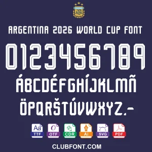 Argentina 2026 World Cup Away Jersey Font TTF OTF Vector Argentina 2026 World Cup Away Font Download preview showing TTF text and CDR vector numbers on black jersey