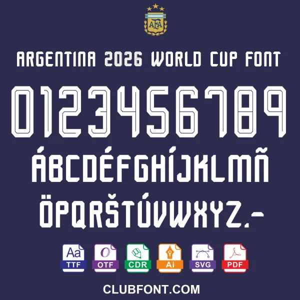 Argentina 2026 World Cup Away Jersey Font TTF OTF Vector Argentina 2026 World Cup Away Font Download preview showing TTF text and CDR vector numbers on black jersey