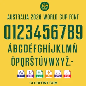 Australia 2026 World Cup Font Preview Australia 2026 World Cup font displayed on a Socceroos jersey mockup