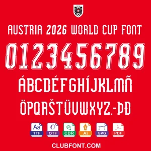 Austria 2026 World Cup Font Preview Austria 2026 World Cup font displayed on a soccer jersey mockup