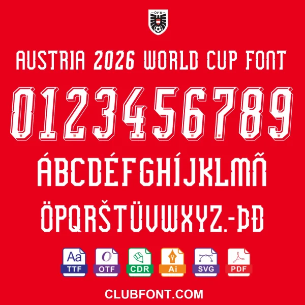 Austria 2026 World Cup font displayed on a soccer jersey mockup