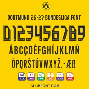 Dortmund 26-27 Bundesliga font preview showing uppercase letters and jersey numbers in TTF OTF CDR PDF pack