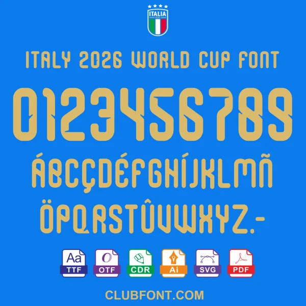 Italy-2026-World-Cup-Font-Pack-TTF-OTF-Vector Italy 2026 World Cup Font preview showing alphabet letters and numbers in Azzurri style