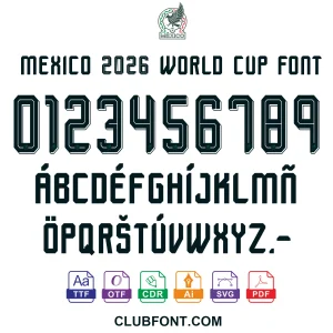 Mexico 2026 World Cup Away Font Kit – Preview Mexico 2026 World Cup Away Font kit preview showing TTF OTF CDR PDF vector files on white background