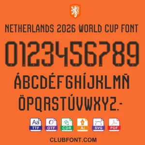 Netherlands-2026-World-Cup-Font-Preview Netherlands 2026 World Cup font displayed on a soccer jersey mockup