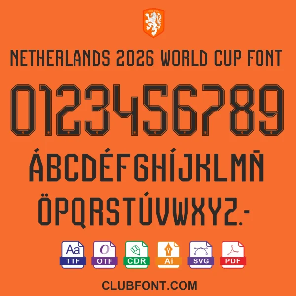 Netherlands 2026 World Cup font displayed on a soccer jersey mockup