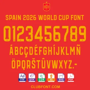 Preview of the Spain 2026 World Cup Font featuring alphabet, numbers, and special characters in white on a red background.