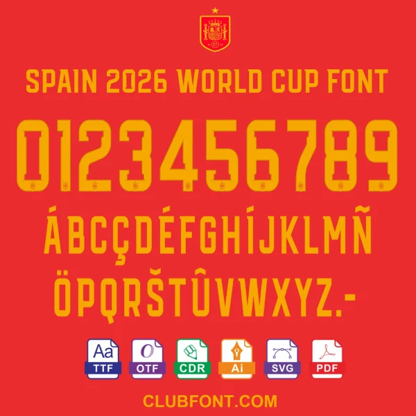 Preview of the Spain 2026 World Cup Font featuring alphabet, numbers, and special characters in white on a red background.