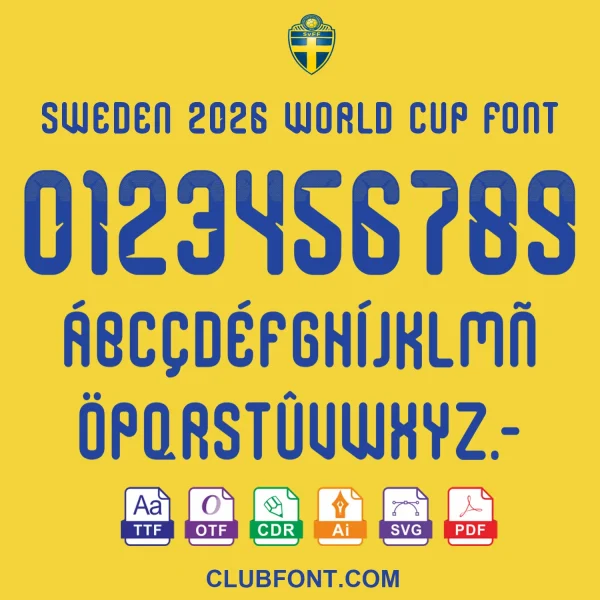 Sweden 2026 World Cup Font Preview Sweden 2026 World Cup font displayed on a digital jersey preview