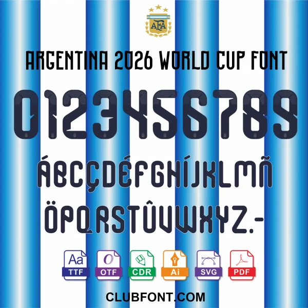 Argentina-2026-World-Cup-Jersey-Font-TTF-OTF-Vector Argentina 2026 World Cup font preview blue and white jersey numbers letters TTF OTF CDR