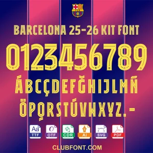FC Barcelona 2025-26 kit font preview showing TTF OTF CDR PDF vector files on Blaugrana background