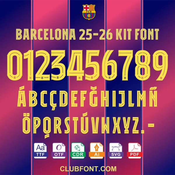 FC Barcelona 2025-26 kit font preview showing TTF OTF CDR PDF vector files on Blaugrana background