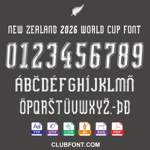 New Zealand 2026 World Cup Typography Package New Zealand 2026 World Cup Font displayed on a jersey mockup with TTF OTF and Vector icons