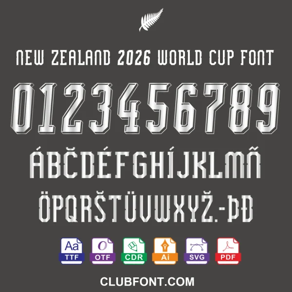 New Zealand 2026 World Cup Font displayed on a jersey mockup with TTF OTF and Vector icons