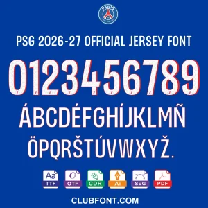 Close up view of the PSG 2026-27 kit font alphabet letters on a dark background