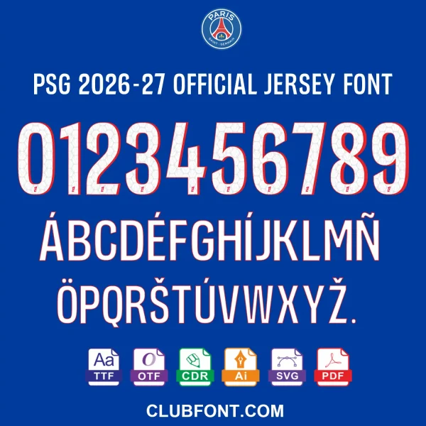 Paris Saint-Germain 2026-27 Font Preview - Alphabet Set Close up view of the PSG 2026-27 kit font alphabet letters on a dark background