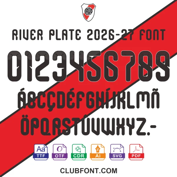 River Plate 2026-27 font displayed on a white background showcasing numerals and letters.