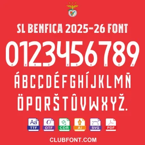 Close up view of SL Benfica 2025-26 font numbers and letters in red and white