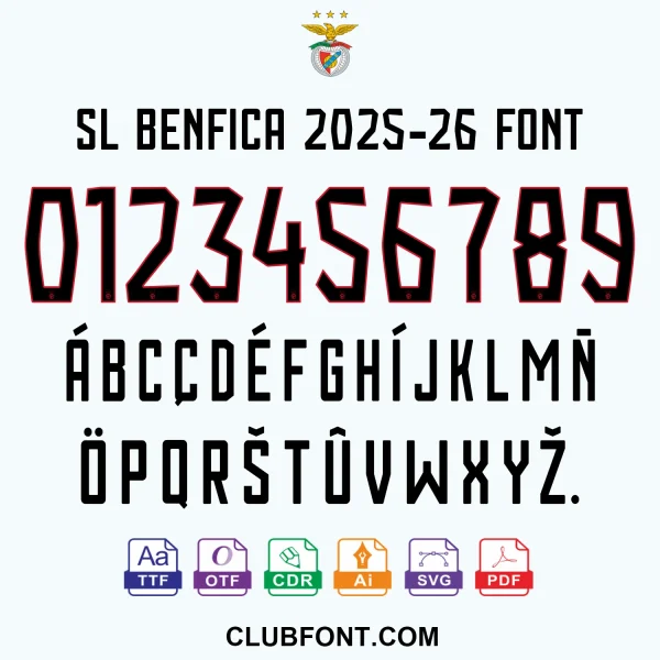 SL Benfica 2025-26 Away Font – TTF OTF CDR PDF Preview SL Benfica 2025-26 away font kit preview displaying full uppercase alphabet and numerals