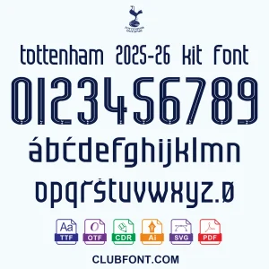 Tottenham Hotspur 2025–26 Kit Font — Character Sheet Preview Tottenham Hotspur 2025-26 kit font preview showing A-Z uppercase letters and 0-9 numbers in TTF OTF CDR PDF vector format