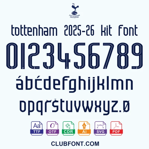 Tottenham Hotspur 2025–26 Kit Font — Character Sheet Preview Tottenham Hotspur 2025-26 kit font preview showing A-Z uppercase letters and 0-9 numbers in TTF OTF CDR PDF vector format