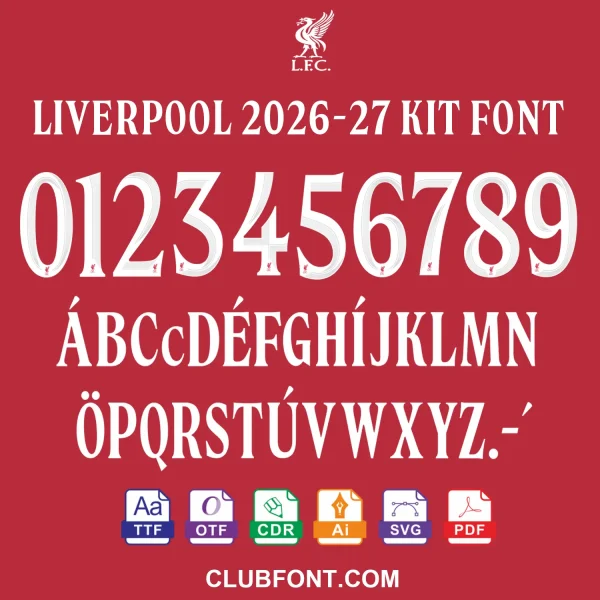 Liverpool 2026-27 font preview on red jersey