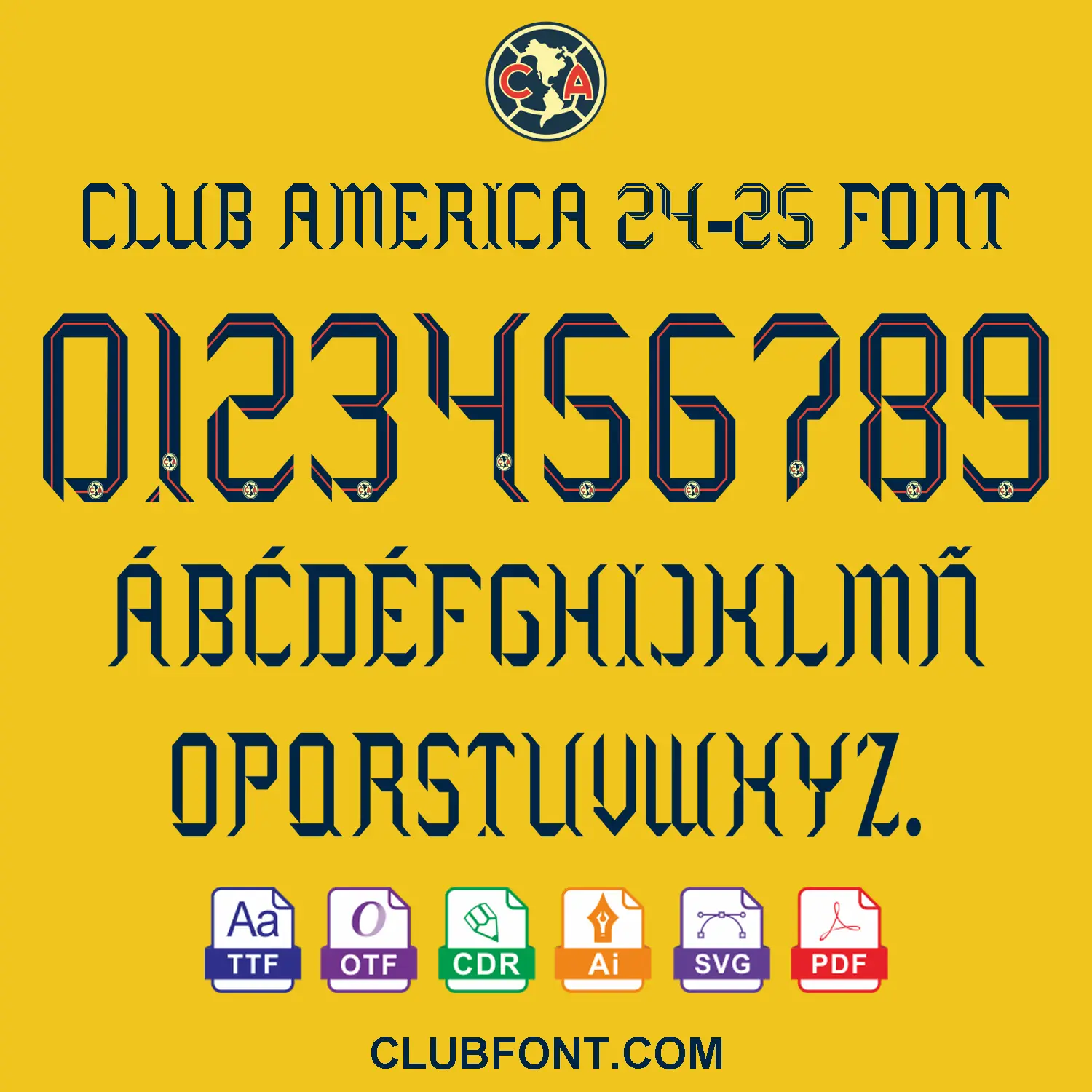 Club América 2024-25 kit font preview on Nike home jersey – TTF OTF CDR PDF vector files