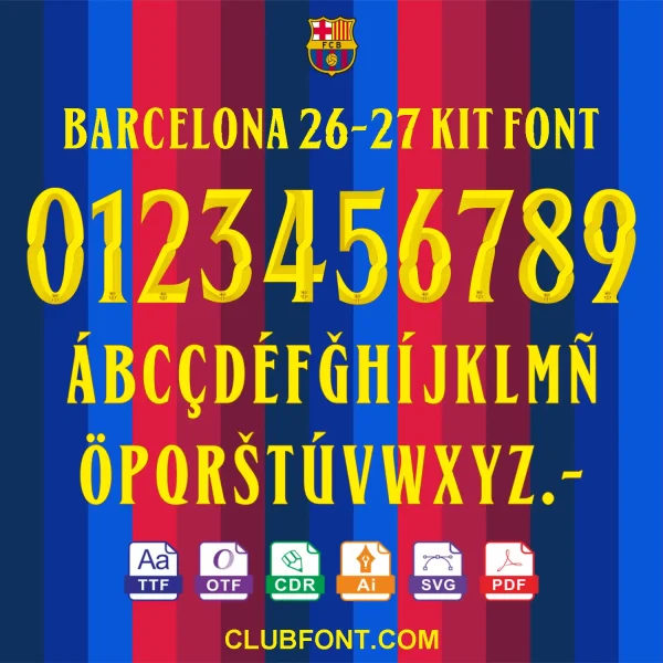 FC Barcelona 2026-27 Font Vector Pack FC Barcelona 2026-27 font Modernista TTF OTF CDR PDF vector pack cover