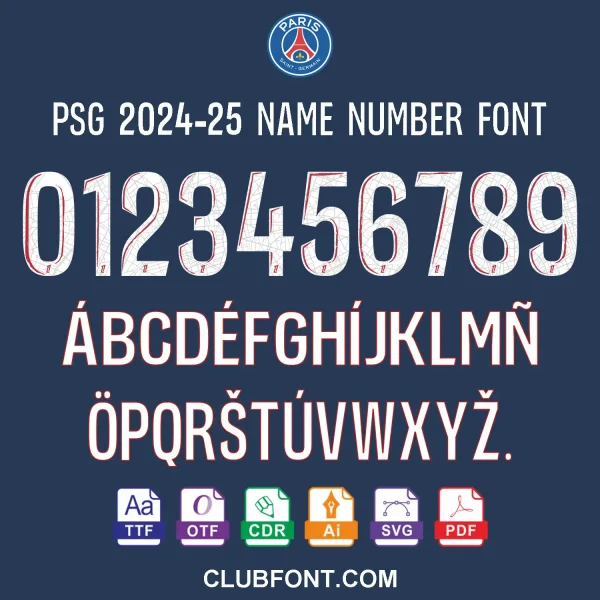 PSG 2024-25 name number font preview showing A-Z letters and 0-9 digits in TTF OTF CDR PDF vector format