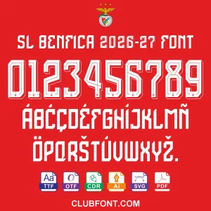 SL Benfica 2026-27 font SL Benfica 2026-27 font TTF OTF preview on red Benfica 26-27 home jersey back with 3D kit number