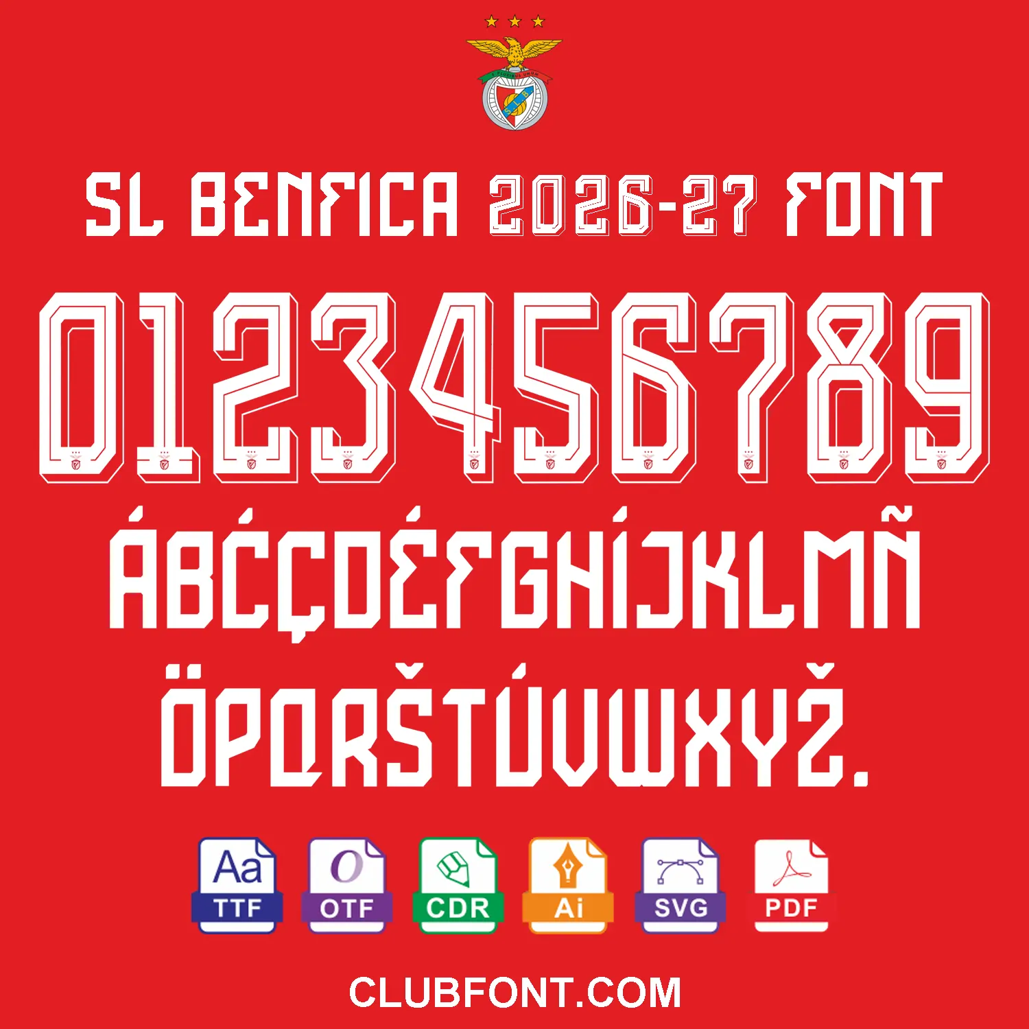 SL Benfica 2026-27 font TTF OTF preview on red Benfica 26-27 home jersey back with 3D kit number