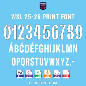 WSL 25-26 Font – Preview on Women’s Super League 2025-26 Kit WSL 25-26 font preview showing official match-style number and lettering on a Women’s Super League 2025-26 jersey