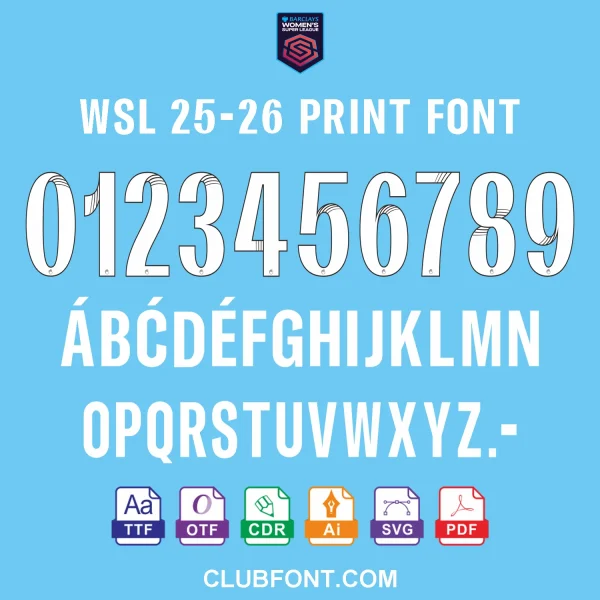WSL 25-26 Font – Preview on Women’s Super League 2025-26 Kit WSL 25-26 font preview showing official match-style number and lettering on a Women’s Super League 2025-26 jersey