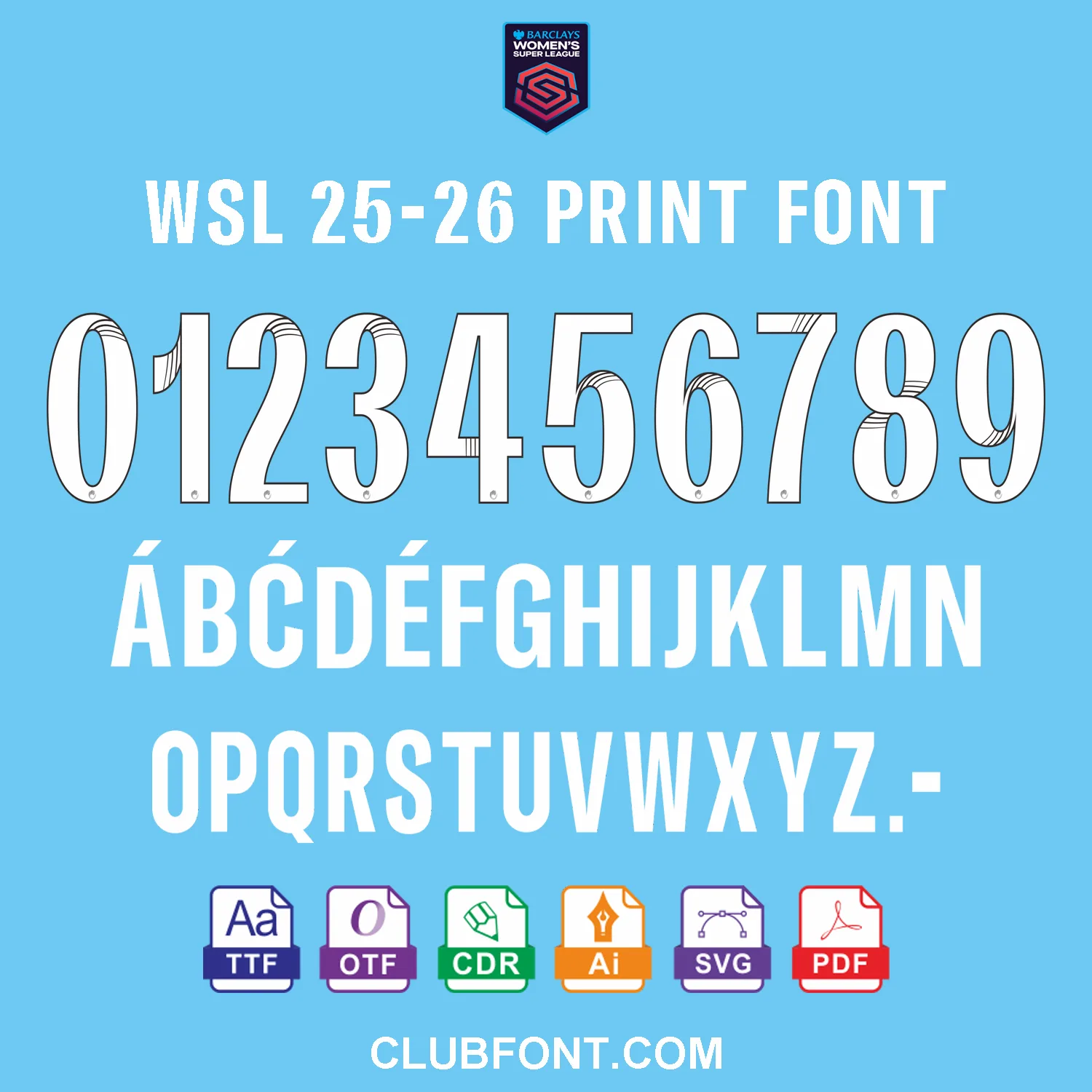 WSL 25-26 font preview showing official match-style number and lettering on a Women’s Super League 2025-26 jersey