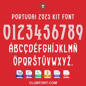 Portugal 2025 Font – Jersey Preview Portugal 2025 font on red Puma jersey – TTF OTF CDR PDF vector kit