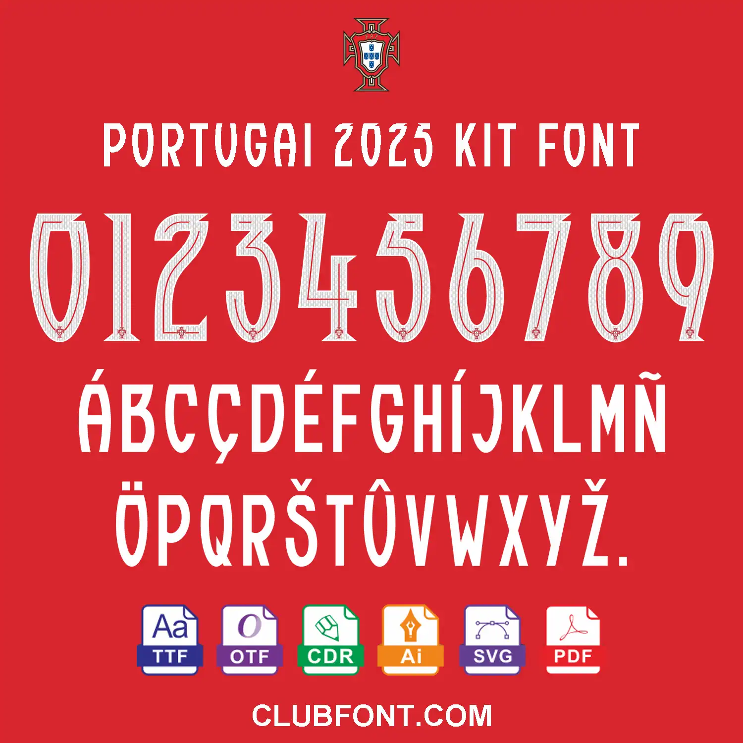 Portugal 2025 font on red Puma jersey – TTF OTF CDR PDF vector kit